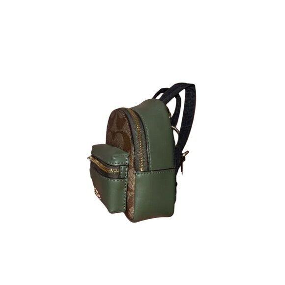 Coach Mini Court Backpack Keychain Bag Charm - Brown Canvas/Green Leather - Picture 3 of 4